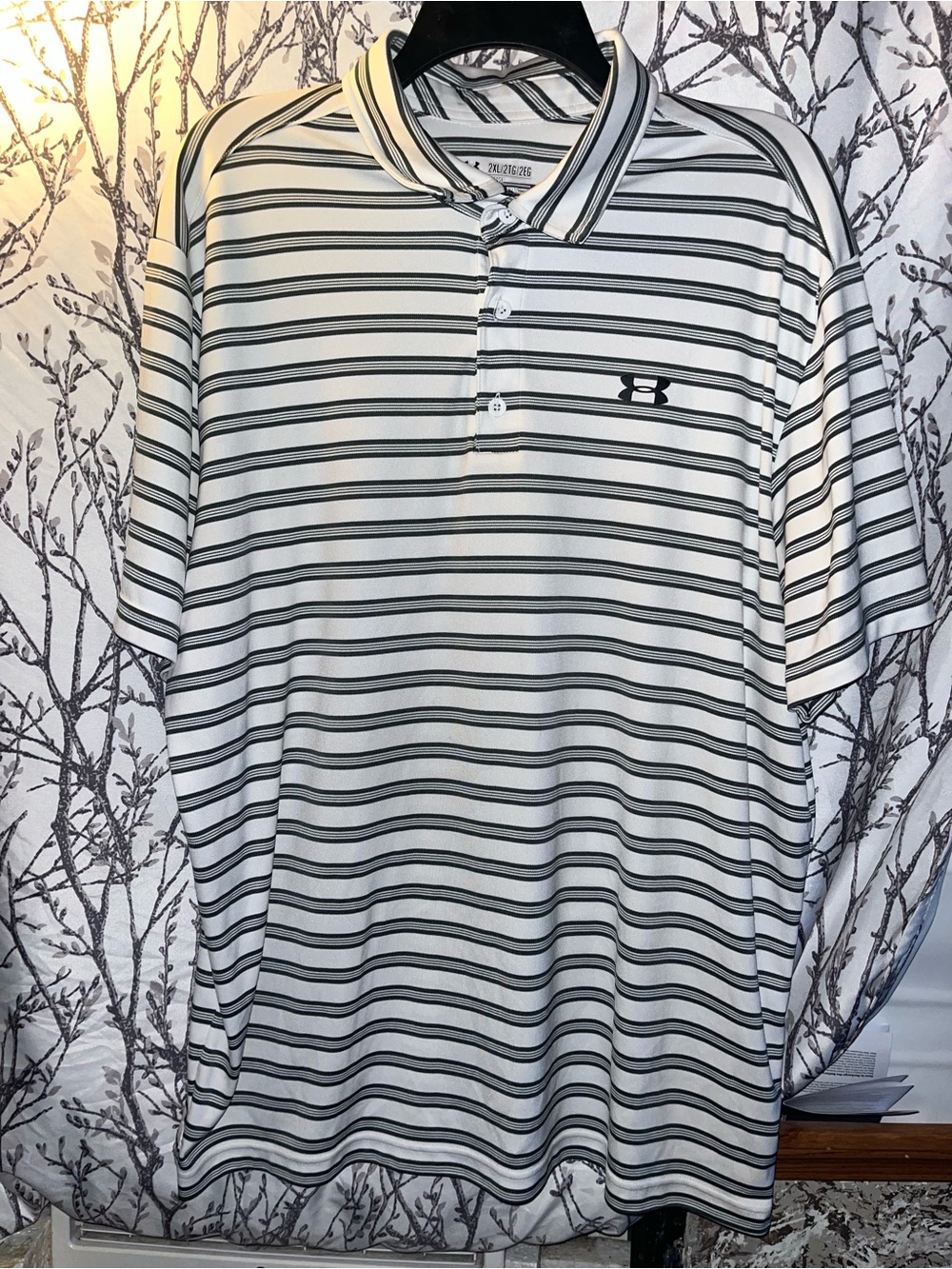 Under Armour Men’s White Polo with Black and Gray Stripes
